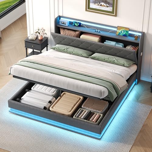 Miyemo King Size Bed Frame with Storage, 5ft Upholstered Ottoman Bed Frame with Headboard Storage & Hydraulic, Linen Bed with LED-Lighting & Charging-Station, 150x200cm, Grey, (No Mattress)