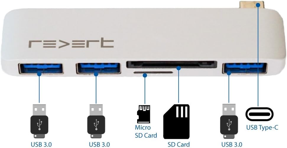 Revert USB C Thunderbolt 3 Micro SD Memory Card Reader Adapter for New Apple 12 inch MacBook / 13 inch 15 inch MacBook Pro 2016 2017/5 in 1 Multiport Dongle Combo Hub Type C Port Silver