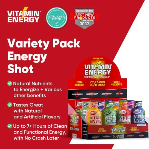 Image of Vitamin Energy Extra Strength Energy Shot Variety Pack 24 Pack, 260mg Natural Caffeine, B-Vitamins, Vitamin D, NALT, Rhodiola, Mood, Focus, Immunity & Strength Support, Zero Sugar, Vegan, 1.93 fl oz