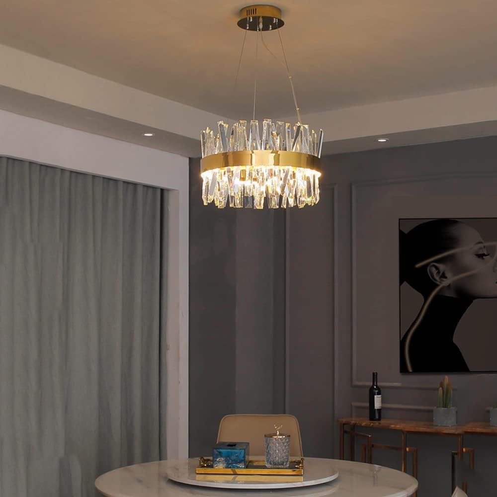 Mrs Go Round Crystal Chandeliers, Drum Bedroom Hanging Lamp, Luxury Bedroom Light Fixtures Decor for Home, Kitchen, Dining Room with Light Bulbs (Gold, Round 16 inches) Gold Round 16 inches