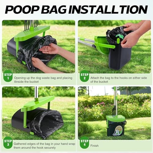 Image of UPSKY 33.4 inch Dog Pooper Scooper Swivel Bin & Rake Kit with 100 Waste Bags | Long Handle Heavy Duty Pet Poop, Stainless Steel, Easy to Install, Odor-proof Lid for All Dog Sizes-Yard /Lawn /Outdoor Use