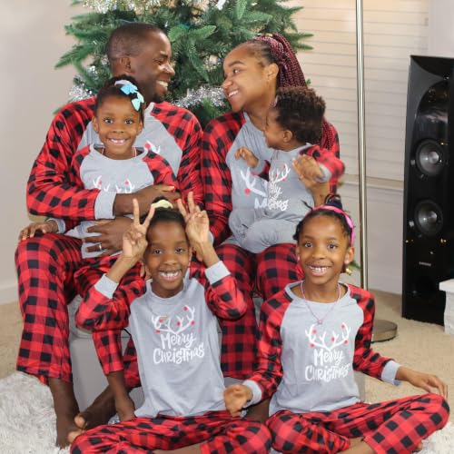 Image of IFFEI Matching Family Pajamas Sets Christmas PJ's with Letter and Plaid Printed Long Sleeve Tee and Bottom Loungewear