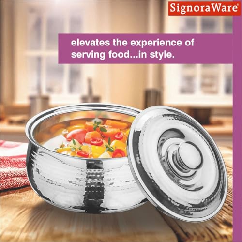 Image of Signoraware Hot Delight Hammered Stainless Steel Casserole | Airtight Lid | Retain Freshness | Great For Travelling or Small Gatherings | Perfect For Hot Curry, Chapatti & Rice (1 Ltr | Steel)