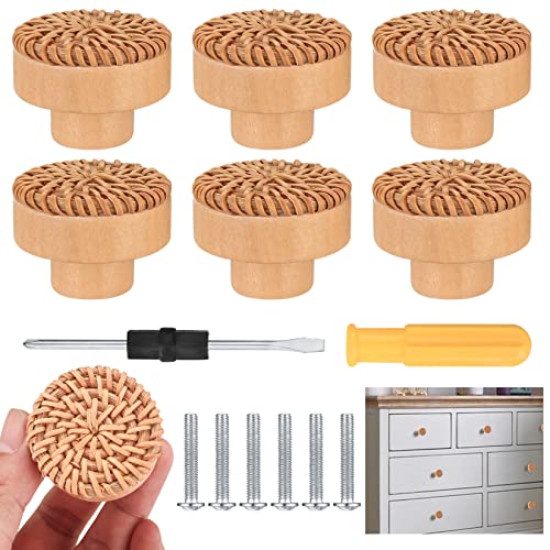 6 Pièces Boutons de Meuble en Rotin Bois, Poignées de Tiroir, Boutons de Porte Ronds pour Placards Armoire Commode Meuble Cuisine Poignees Boutons - Marron Cover