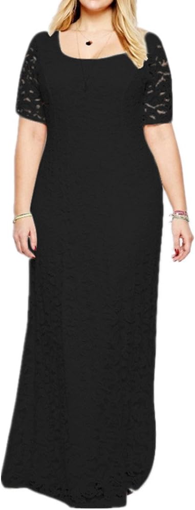 Janlyy Women's Plus Size Dress Evening Wedding Party Lace Short Sleeve High Waist Plus Size Dress Size UK 14-30