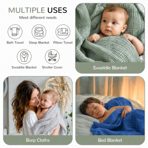Image of 3-Pack Muslin Hooded Baby Towels, Green + Grey + Dark Blue, 35 inch X 35'' | 100% Cotton, Ultra-Soft & Highly Absorbent ,Quick-Dry for Delicate Skin, For Babies, Toddler and Newborn