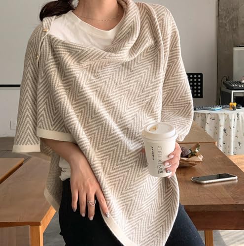 Women's Knitted Wrap Thick Scarf Shawl with Button Herringbone Shawl for Commuting Travel Warm Cape for Fall Winter2