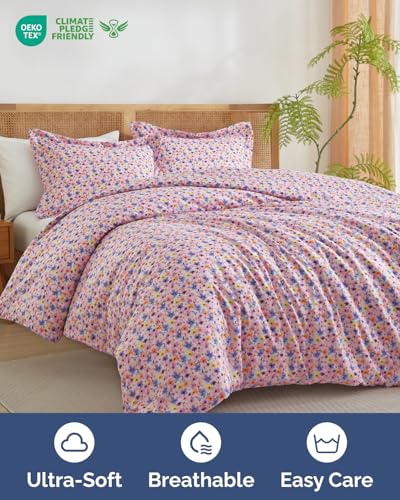 Image of Duvet Cover King Size Set - Extra Soft Floral Duvet Cover 104 x 90 with 2 Pillow Shams - Comfy, Breathable Floral Bedding Set - Hotel Luxury & Fade Free w / Zipper Closures & Ties - Watercolor Garden
