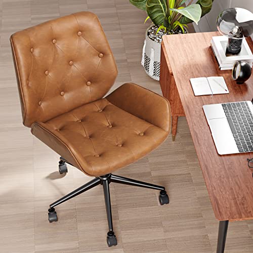 Dictac Pu Leather Office Chair Armless Modern Desk Chair Mid Century Home Office Desk Chair With Big Seat And Adjustable 40° Backrest Load Capicity 400Lbs, Brown #TOP1