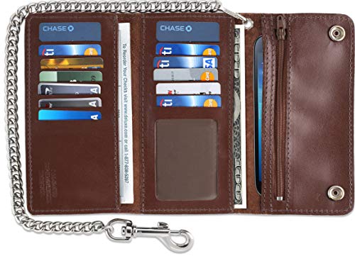 Image of RFID Blocking Men's Tri-fold Vintage Long Style cow Leather With Chain card holder Wallet,MADE IN USA