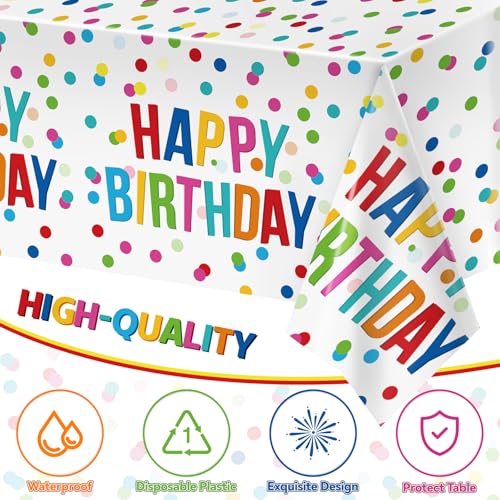 Image of Miucat 3pcs Birthday Tablecloth, Happy Birthday Decorations Set, Colorful Rainbow Dots Design with Happy Birthday Tablecloth. Waterproof Plastic Table Covers for Boys /Girls Party 54X108inch