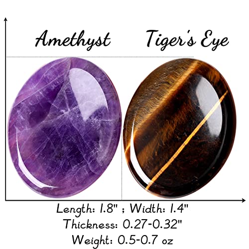 2Pcs Worry Stone For Anxiety Tiger's Eye Amethyst Healing Crystals Hand Carved Thumb Stones Pocket Gemstones Meditation Oval Shaped Crystal Natural Reiki Relax Palm Stone Therapy Relief Sets #TOP4