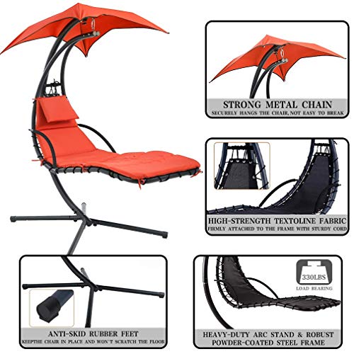 Hammock Chair Lounge Chair W/Built-In Pillow And Removable Patio Swing Lounge Chair Canopy Hammock Arc Stand Air Porch Stand For Outdoor Indoor Patio Pool (Orange) #TOP3