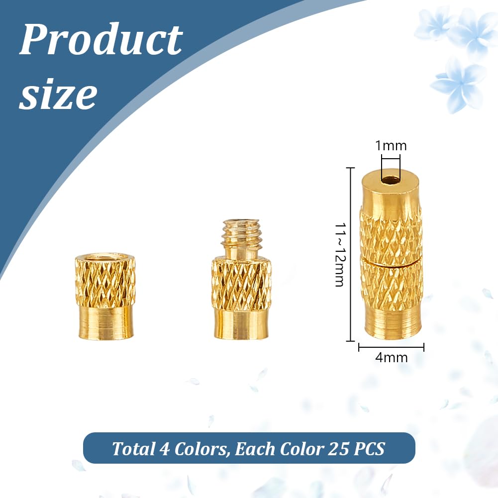 PH PandaHall 100pcs 4 Colors Brass Screw Clasps, 12x4mm Twist Clasps Barrel Clasp Cord End Caps Jewelry End Tip Caps Screw Connector Fastener for DIY Bracelet Necklace Jewelry Craft Supplies Making
