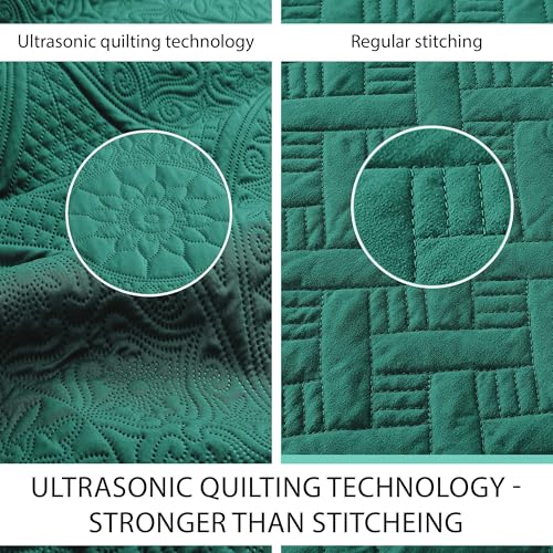 IR Imperial Rooms Queen Quilt Bedding Set Size (90" x 96") + 2 Pillow Shams (20" x 26"+ 2") - 3 Pcs All Season Lightweight Reversible Microfiber Coverlet Floral Embossed Quilt Bedspread (Emerald)