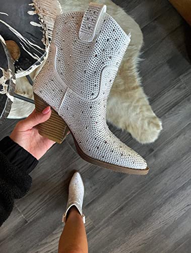 Women's Rhinestone Block Heel Ankle Boots River-01 By Forever White 64