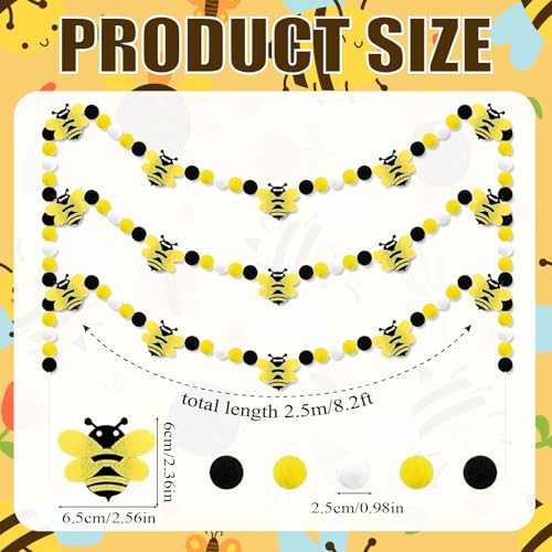 Image of 3 Pcs Honey Bee Decorations Bee Felt Garlands Pre-Strung Hanging Banner Bees Pom Pom Happy Bee's Day Party Supplies for Baby Shower Birthday Party