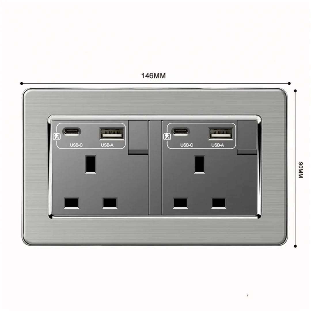 Presa Elettrica Da Parete 220 V In Acciaio Inossidabile 13A Grigio9 Presa USB C Da Parete A Ricarica Rapida Tipo C Intelligente RJ45CT5 110-250V#UK