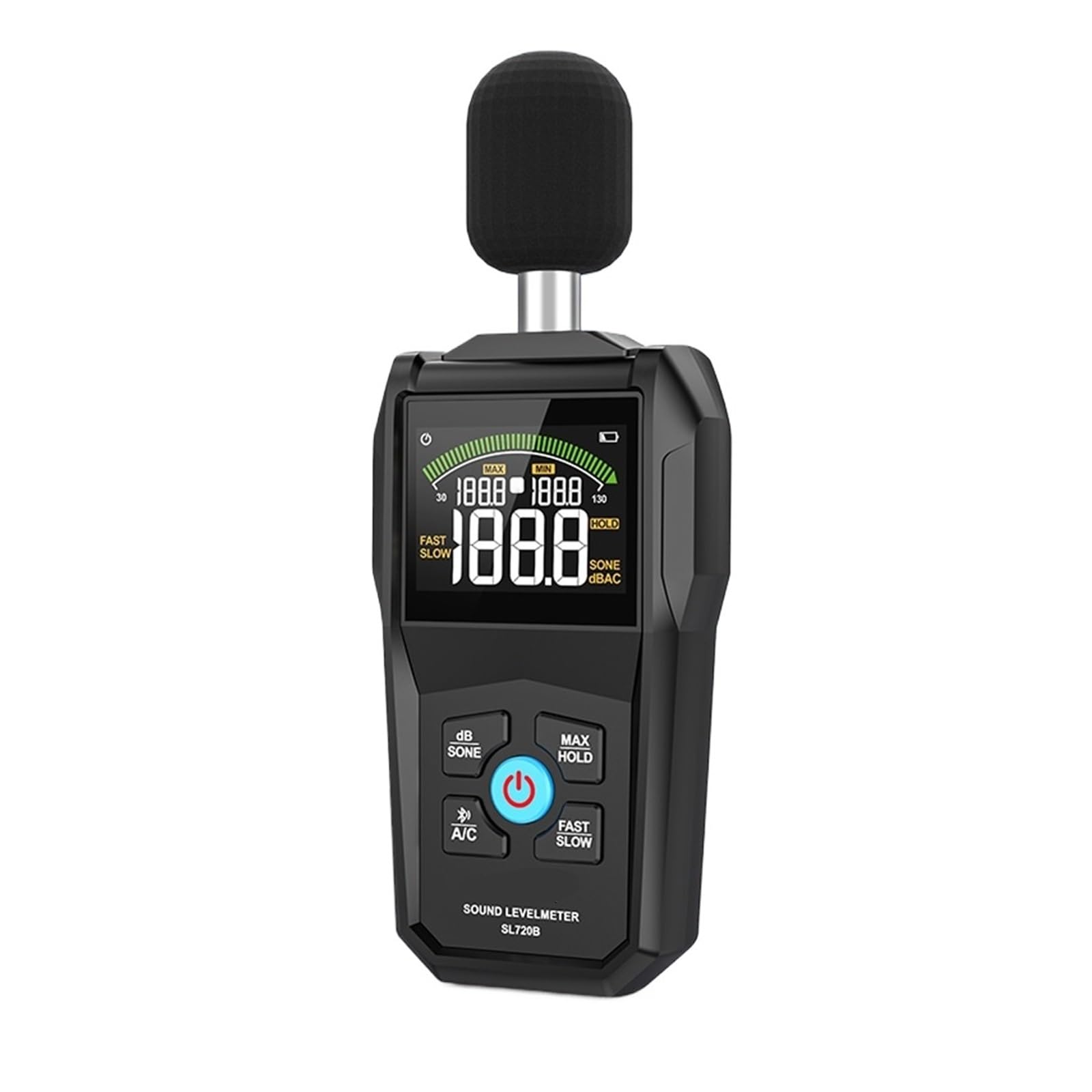 30–130 dB Geräuschpegelmesser-Display, Farb-Hintergrundbeleuchtung, schnelle und langsame Abtastrate, Kondensatormikrofon, Schallpegelmonitor
