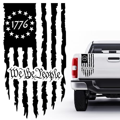 Image of GRITKULTURE We The People Distressed American Flag Decal Vinyl for Trucks, Cars, Tailgate, Windows Preamble of The US Constitution fits Most Pickup Trucks-Rear USA Flag Car Sticker (Black)