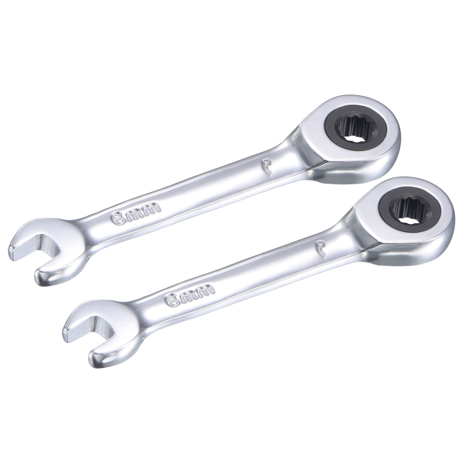 sourcing map 6mm Stubby Ratcheting Combination Wrench Metric 72 Teeth 12 Point Box Ended Tools, CR-V 2 Pcs