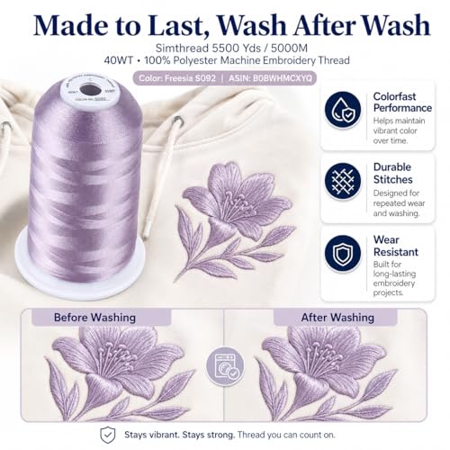 Image of Simthread 5500Yds /5000M 40WT Polyester Embroidery Thread Freesia S092 | High-yardage 5000M spool offers smooth feeding and stable 40WT polyester thread for home and commercial embroidery machines.