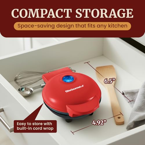 Image of Elite Gourmet EWM015R Electric Non-Stick Mini Waffle Maker, Belgian Waffle Maker, Compact Design, Hash Browns, Keto, Snacks, Sandwich, Egg, Easy to Clean, Red