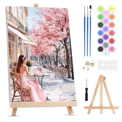 QENSPE Kit de Pintura por Números para Adultos sobre Lienzo Enmarcado - con Caballete, Chica Paint by Numbers, Cerezos en Flor Pintura Acrílica al Óleo para Decor de Paredes Hogar (20x30 cm) ⭐