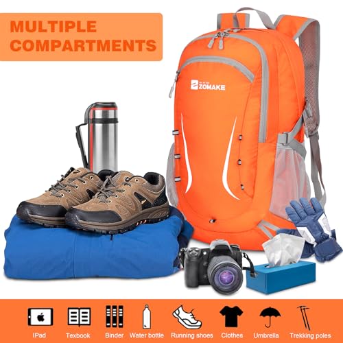 Image of ZOMAKE Lightweight Packable Backpack 35L, Foldable Backpacks Water Resistant Collapsible Light Daypack for Hiking(Orange) | Light Hiking Backpacks Water Resistant Collapsible Day Pack for Travel, Everyday Carry, Multi-Pocket Layout, Heavy Duty Nylon