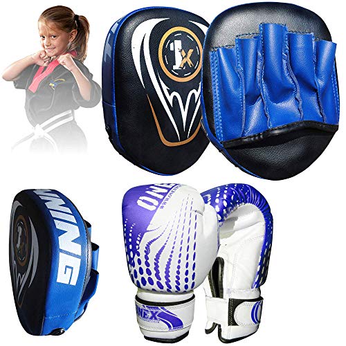 ONEX Boxing Gloves and Focus Pads Set for boys and girls Kids Twins Kickboxing Punching Professional Training - Hook and Jab MMA Punch Strike Bag