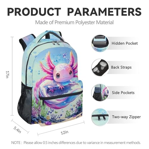 School Backpack with Lunch Box Set for Girls, 3PCS Axolotl Backpacks Matching Combo for Kids, Cute Animals Bookbag and Pencil Pouch Bundle for High School4