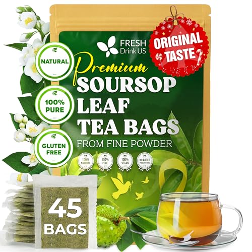 Image of FreshDrinkUS, Premium Soursop Graviola Leaf Tea | 45 Tea Bags form Powder, 100% Natural and Pure, Handmade, Made With Natural Materials-Corn Fiber Tea Bag, Sugar /Caffeine Free, Hoja Guanabana Tea