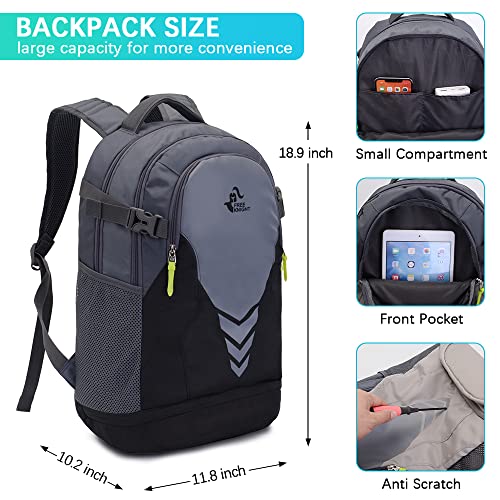 35L Basketball Backpack with Bottom Ball Compartment Large Capacity Sports Equipment Bag for Youth Boys Girls Fit Basketball Volleyball Football Soccer Ball, Gym, Outdoor, Travel, Team (Black Gray) - Image 2
