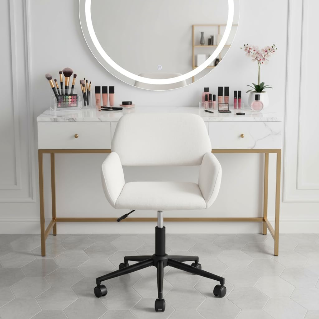 FurnitureR Sedia da trucco girevole, seduta da camera regolabile in altezza, seduta cava ampia e traspirante, sedia da vestire girevole a 360°, tessuto beige moderno, 56 x 55 x 75-85 cm