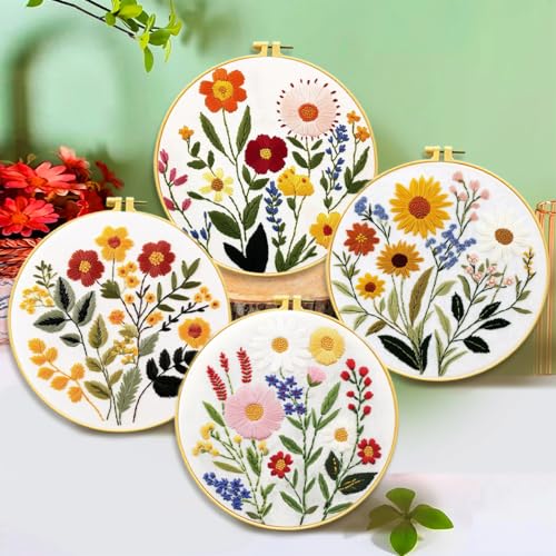 Image of Zhenqing 4-Piece Floral Embroidery Kit for Beginners - Complete Set with Sunflower, Daisy Designs & Pre-Printed 29x29cm Cotton Fabric, Hoop, Threads & Tools(C0166)