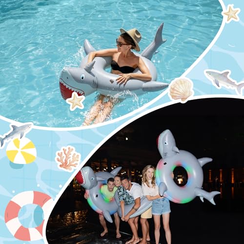 Teyva Daily Shark Inflatable Pool Float with Lights Solar Powered Shark Pool Floaties for Adults 67" Large Swim Tube Ring LED Glow in The Dark Swim Float for Summer Water Beach Lounge Party Supplies - image 4