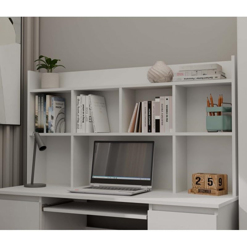 CDF Schreibtisch mit Aufsatz Computertisch 6 Schubladen Tastaturauszug Arbeitstisch Regal Bürotisch Modernes Design Home Office 130 x 51 x 146 cm - Weiß