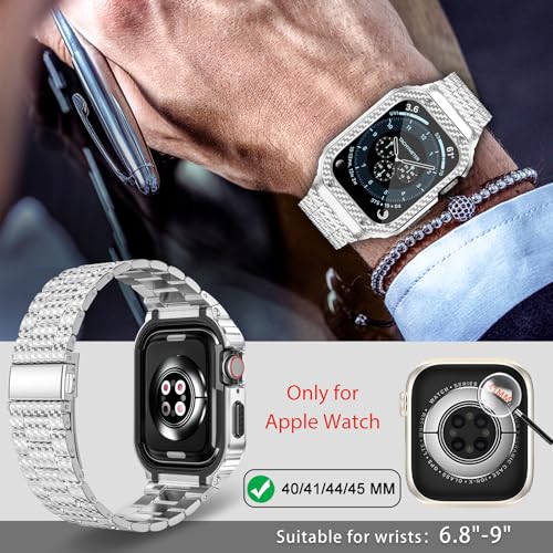 Image of MioHHR Stainless Steel Band and Case Compatible with Apple Watch 38 /40 /41mm | Men Metal Protective Bumper Cover with Straps for iWatch Series 9 8 7 6 5 4 3 2 1, SE3, SE2, SE, Silver Pattern