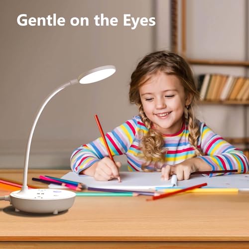 Bodun LED Desk Lamp with 2 USB Charging Port and 2 AC Power Outlet - Adjustable Gooseneck, 3 Level Brightness, Eye-Caring Small White Table Lamp for Home Office College Dorm Room Essentials - Image 3