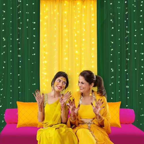 Image of Party Propz Yellow Green Backdrop Decorations with Curtain Light, Haldi and Mehendi Decoration Setup, Haldi Decoration Items for Home, Backdrop Cloth for Decorations Pooja (6Pcs)(Satin)