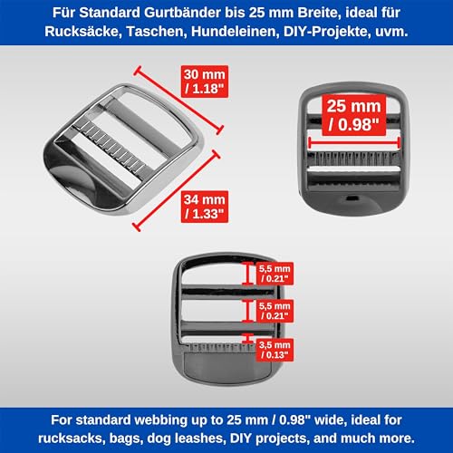 Stegschnalle, 2 Stück, 25 mm Breite, aus Metall, in Grau-Schwarz, für bis 25 mm breite Gurtbänder, Leiter Schnalle zum Einfädeln, Ersatz Steg Schnalle, Stegschnalle Reparatur, Rucksack Leiterschnalle