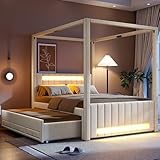 Moimhear Cama con dosel tapizada grande con cama nido y tres cajones, 140 x 200 cm (beige)