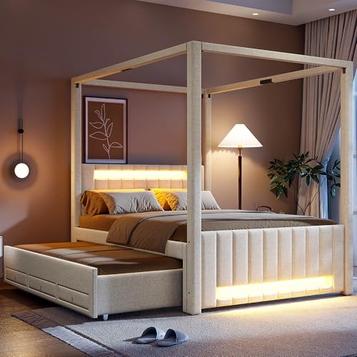 Sweiko Lit à baldaquin rembourré de 140 x 200 cm, Cadre de lit avec lit gigogne et Trois tiroirs, équipé d'un éclairage LED (Beige)