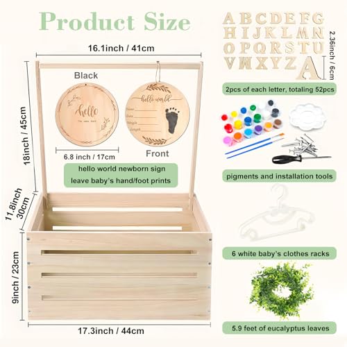 Image of Baby Shower Crate Closet Wooden Gift Basket for Girls Nursery Boy Welcome Box Storage Hamper with Handle Garland Clothes Racks 52 Letters Newborn Name Tag Color DIY, Large