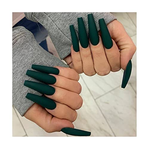 Press on Nails Long Color Gel Fake Nail, Solid Color Manicure Set Including Jelly Glue, Nail File, Cuticle Stick, 24 Pcs. (dark green - frosted)