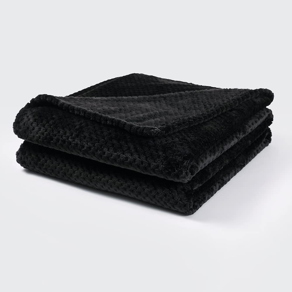 Bear & Panda Waffle Flannel Fleece Mink Throw - Sofa/Bedspread/travel Blankets –Honeycomb Super Soft, light-weighted, Warm, Cosy Large Size Single, Double, King (Black, King (200 x 240cm))