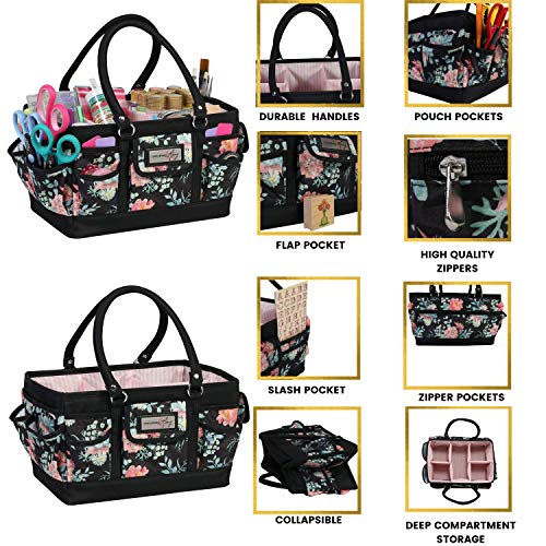 Image of Everything Mary Deluxe Store & Tote Organizer - Black & Floral Craft Bag with Handle - Sewing, Scrapbooking & Art Supply Caddy - Stylish Storage for DIY Projects