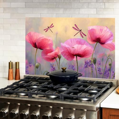 Image of Pink Poppy Dragonfly Backsplash Peel and Stick, 35.4x23.6 in