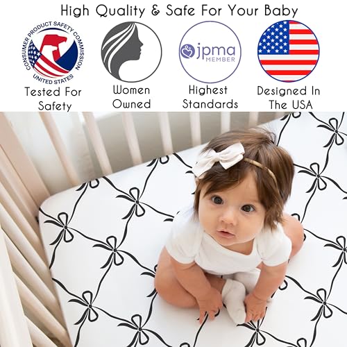 Image of Sweet Jojo Designs Fitted Baby Crib Sheets (Black Bows) for Girls, Infant Nursery, Toddler Room - Standard Size (Black and White Bow for the Shabby Chic, Ballet, Dancer, Ballerina Princess Collection)