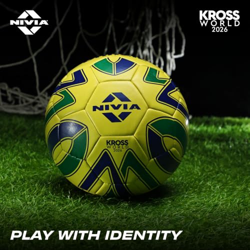 Image of Nivia Kross World Football (Brazil) Training Ball, 32 Panels, Durable Rubber Hand-Stitched, Latex Bladder, As Per AIFF Standards, to Play On Both Natural and Artificial Grass (Size - 5, Yellow /Green)